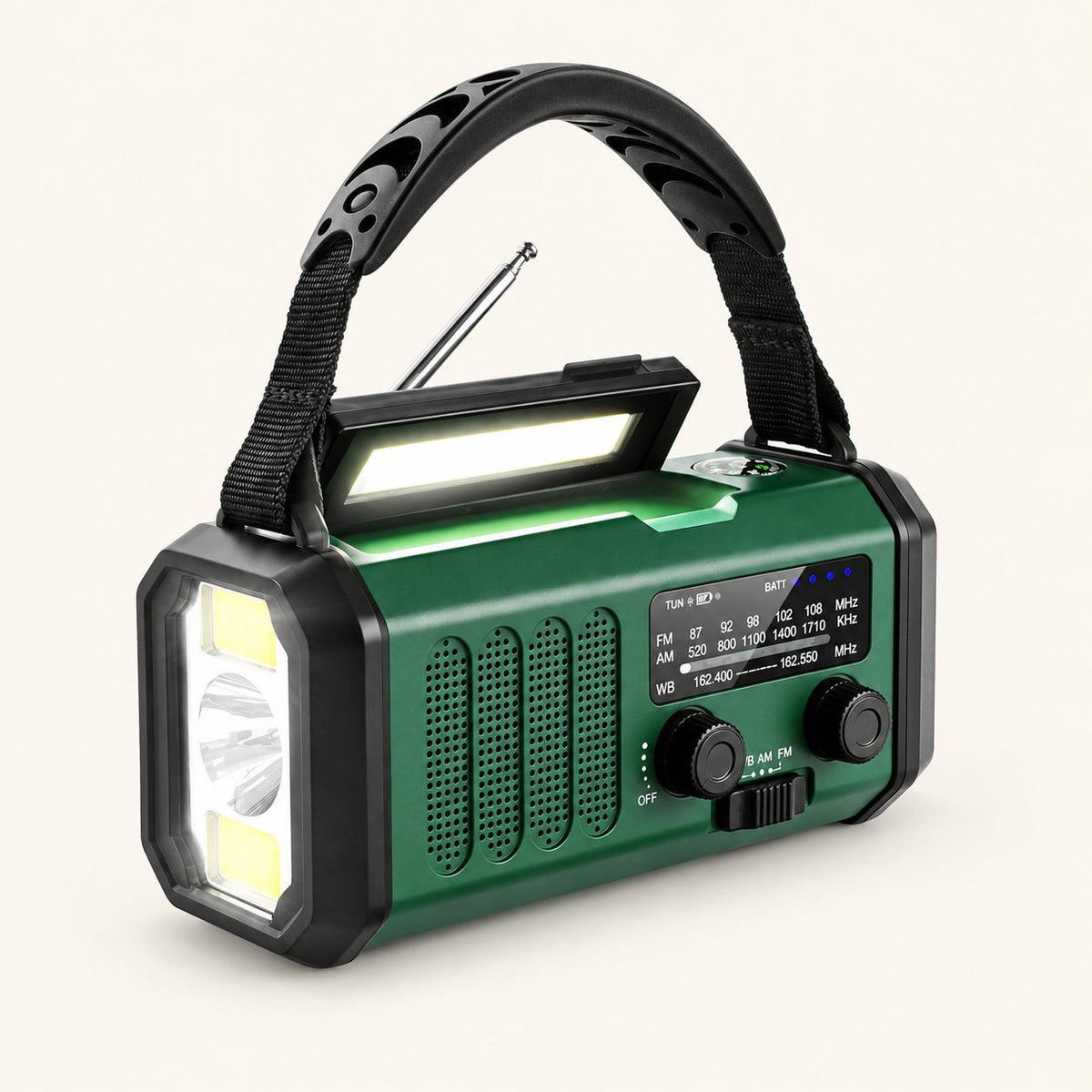 Radio awaryjne E30 z korbką i panelem słonecznym – Zielony