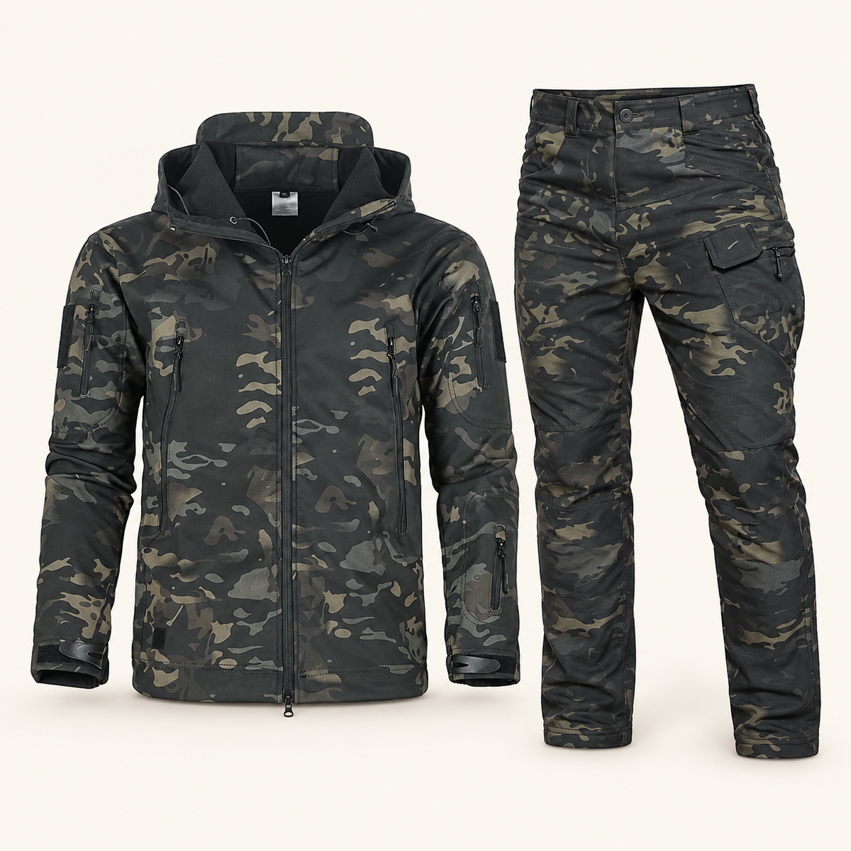 Komplet outdoor męski kurtka i spodnie, kolor kamuflaż ciemny