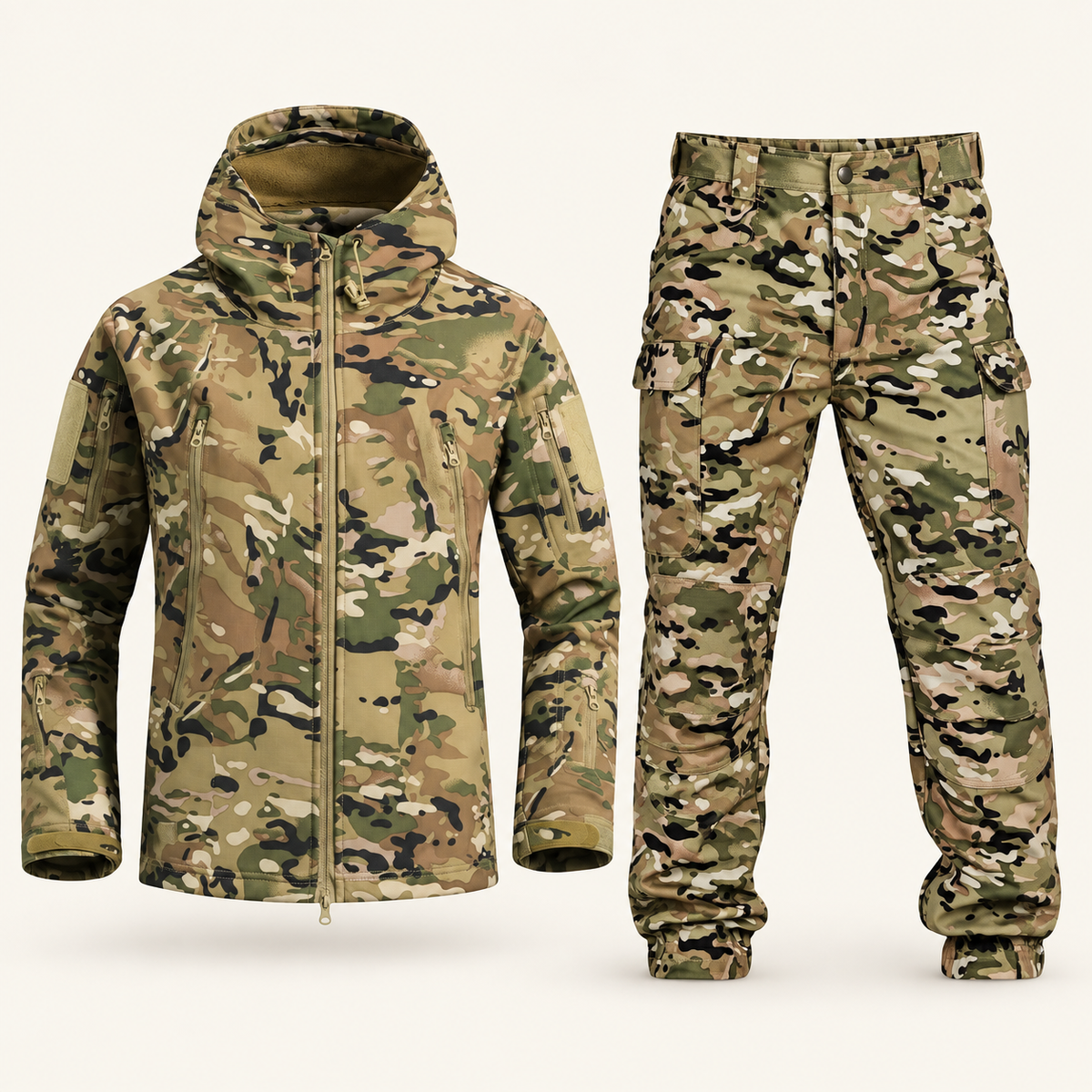 Komplet outdoor męski kurtka i spodnie, kolor kamuflaż jasny